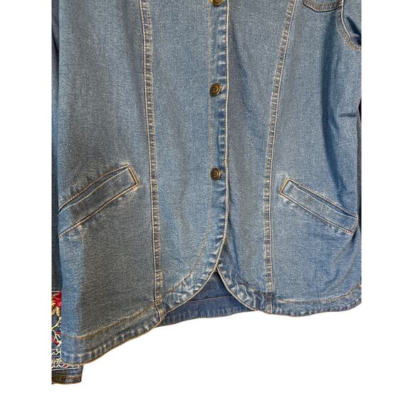 Denim & Co Embroidered Jean Jacket Blazer Floral Sleeves Floral Lining Sz M - Picture 3 of 7